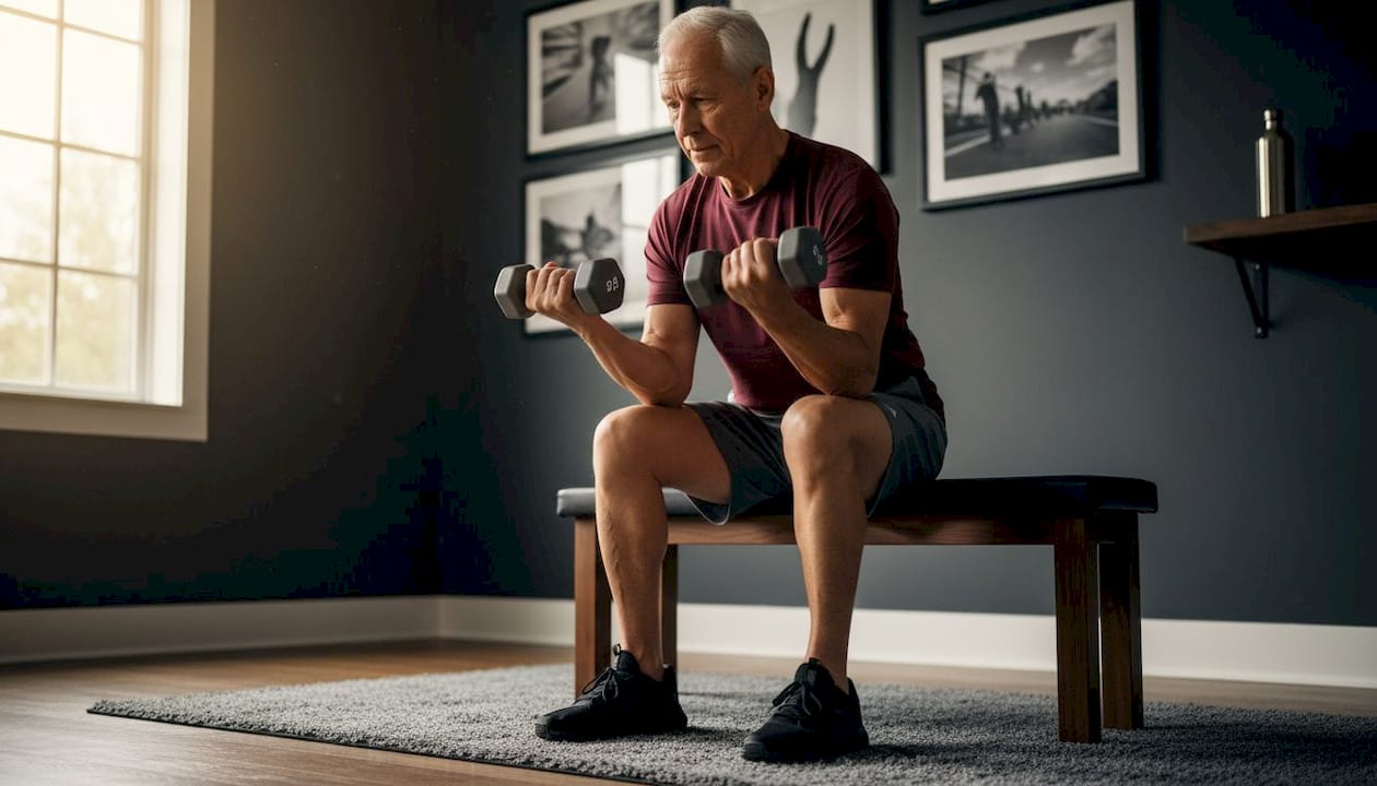 Older man lifting light dumbbells seated
