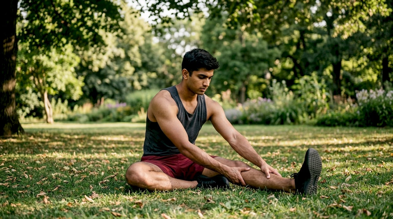 Male athlete seated stretching calf muscle indoors