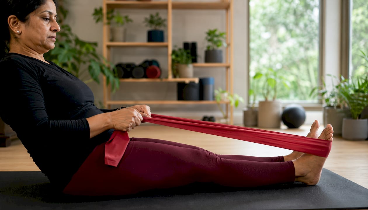 Woman stretching hamstrings using resistance band