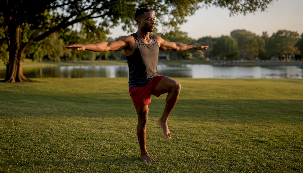 Man practicing single-leg balance exercise indoors