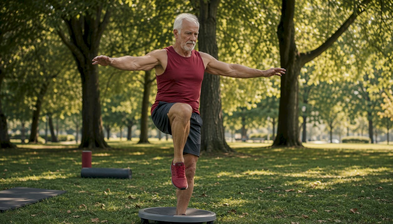 Senior man balancing during exercise indoors