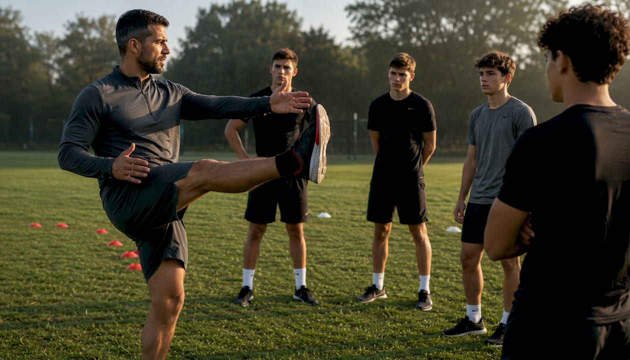 Coach demonstrating leg swings dynamic drill indoors