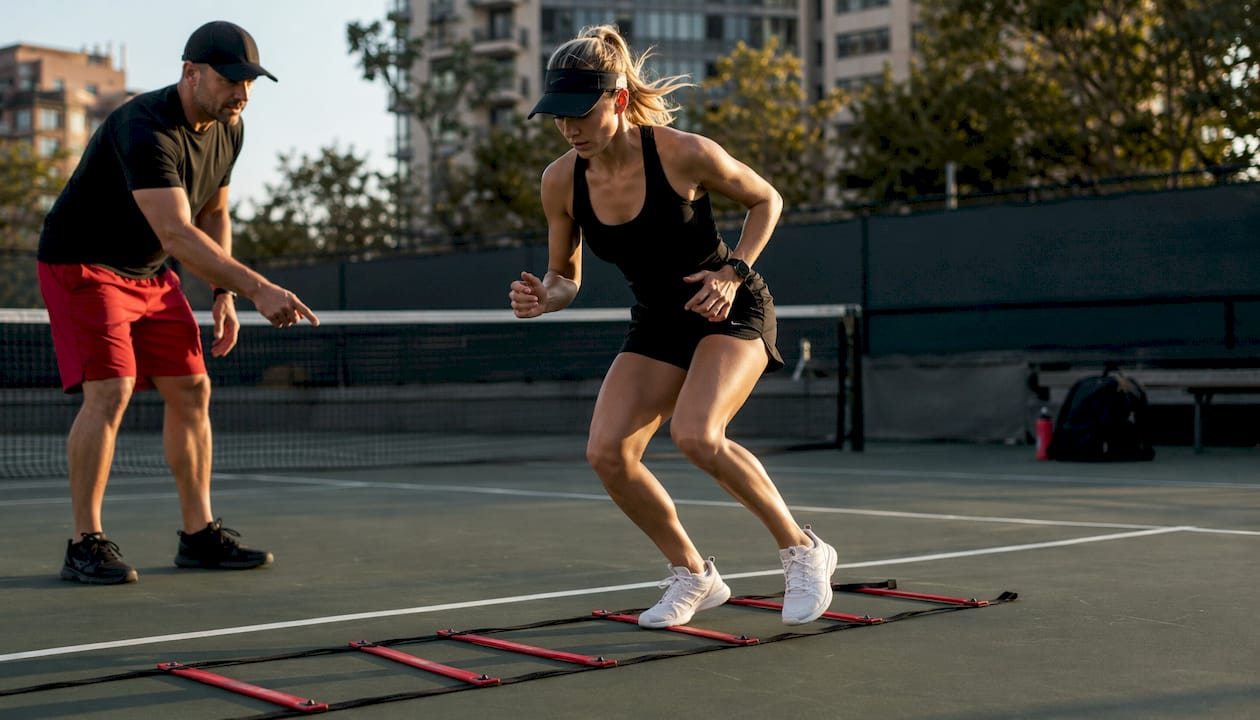 Tennis player quick feet agility drill on clay court