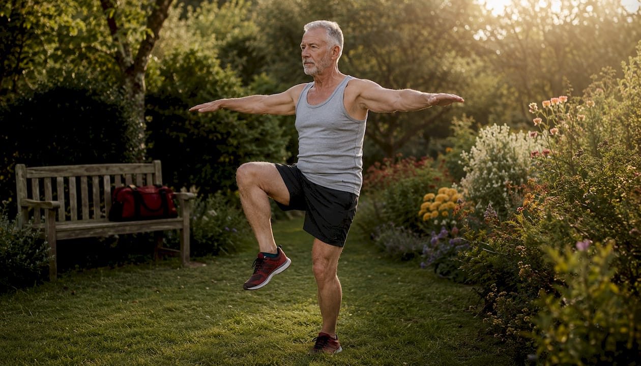 Elderly man performing balance exercise indoors