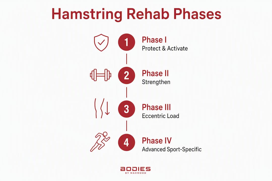 Infographic showing hamstring rehabilitation phases progression