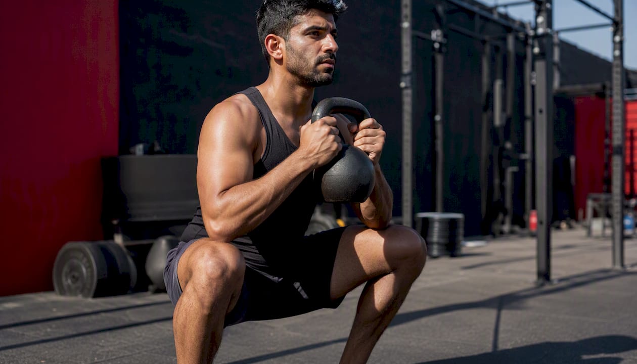 Person performing kettlebell squat in gym