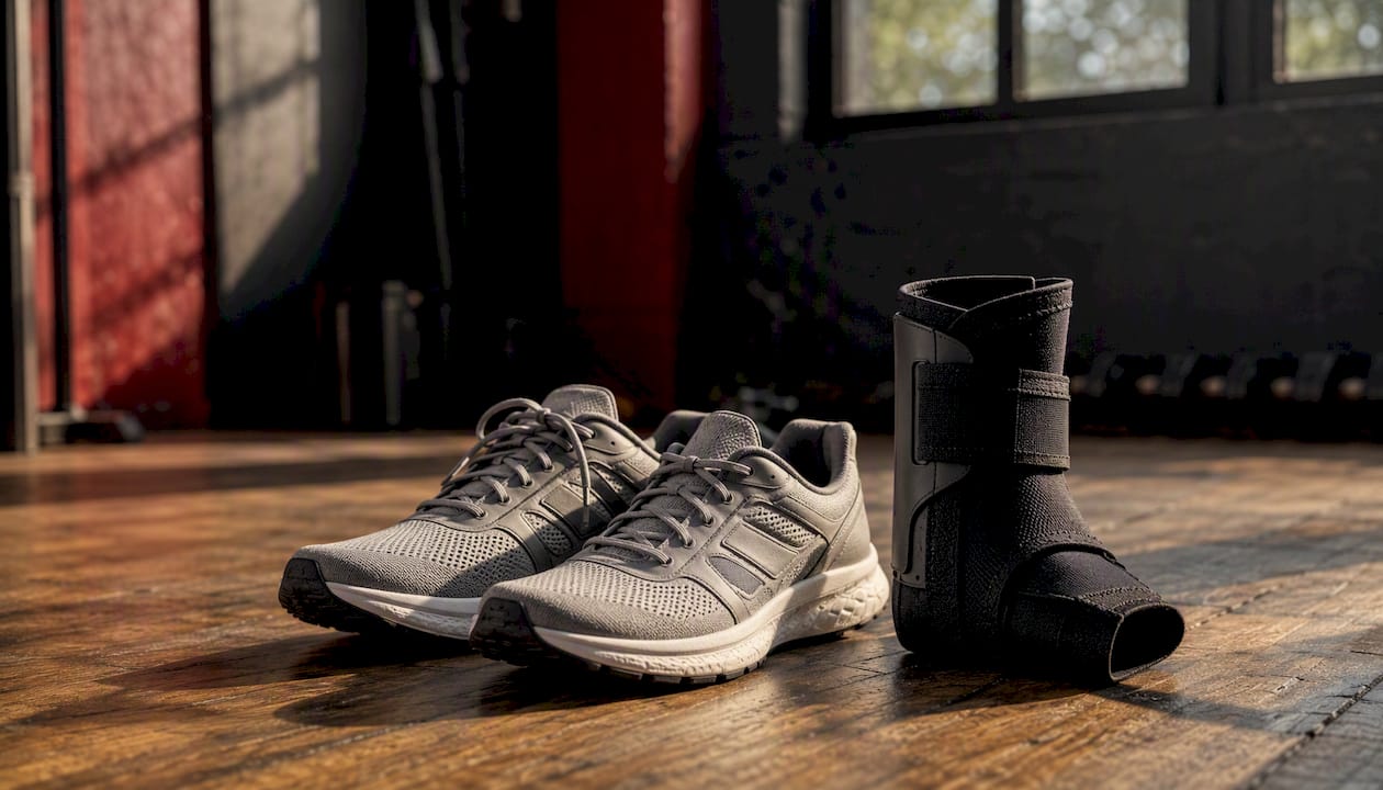 Running shoes and ankle brace on floor