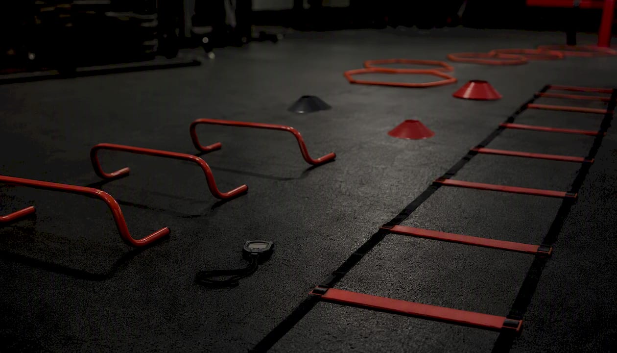 Sprint drills equipment arranged on gym floor