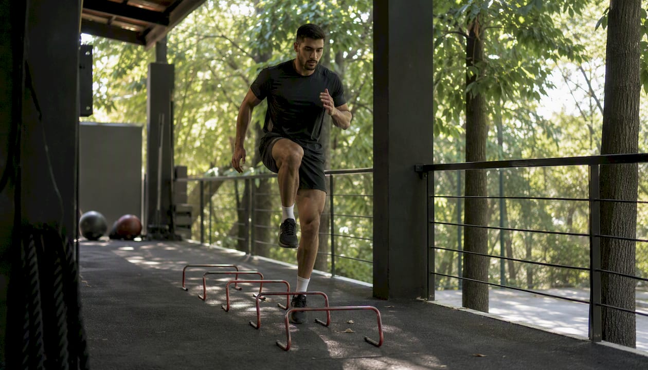 Athlete performing A-skip drill with mini-hurdles
