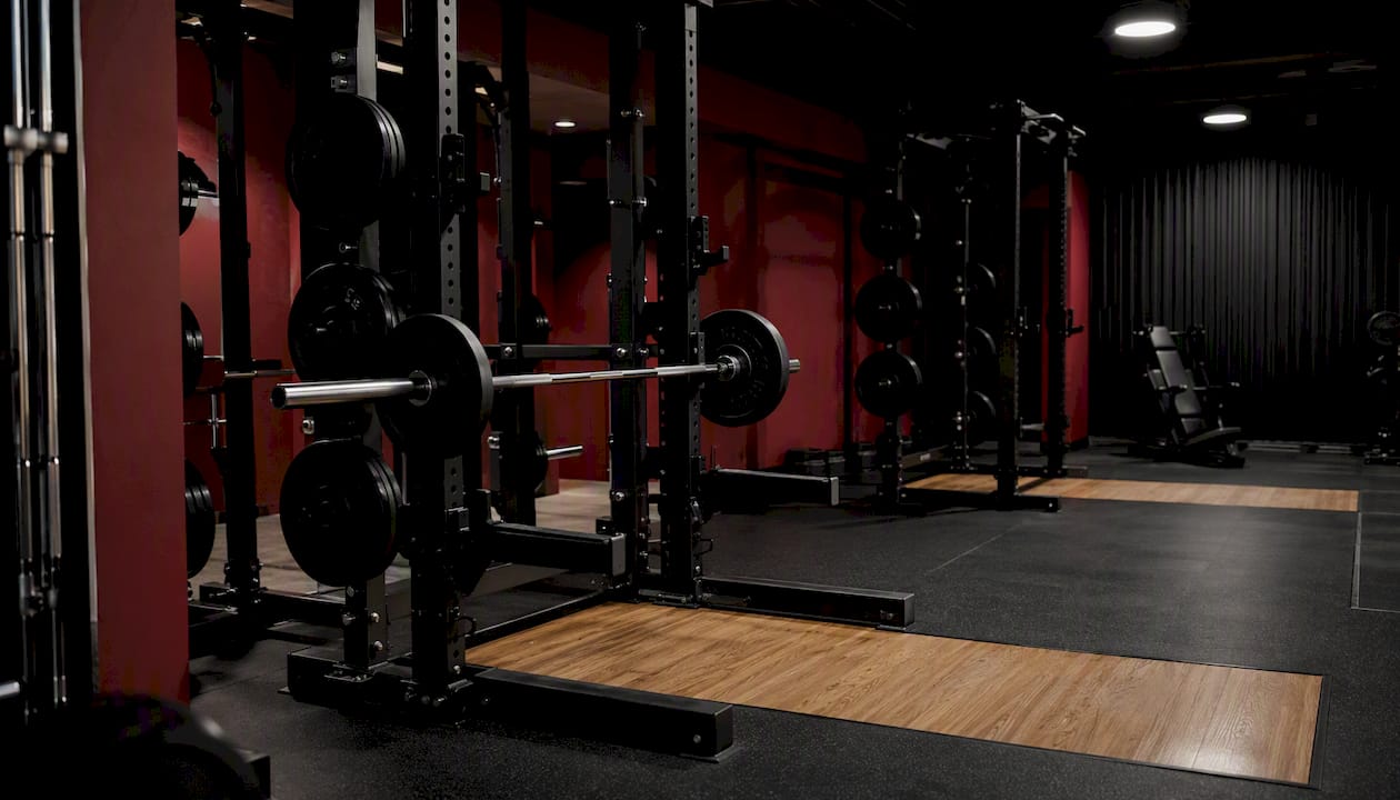 Close-up of gym rack and lifting platform