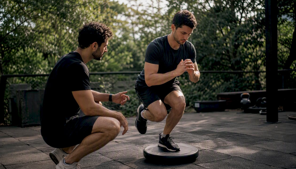 Coach guiding client in post-rehab single-leg squat