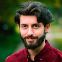 Portrait of a smiling man with dark hair and beard wearing a burgundy shirt against a blurred green background.