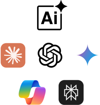 Four distinct abstract logos: a white radial starburst on a terracotta rounded square, a gradient blue and purple four-pointed star on a white rounded square, a colorful twisted ribbon shape, and a white geometric star on a black square.