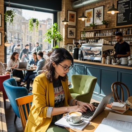 Woman wearing a yellow blazer working on a laptop at a wooden table in a cozy cafe with coffee and books nearby.