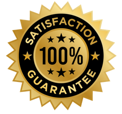 Gold seal badge with black center stating 100% satisfaction guarantee surrounded by stars.