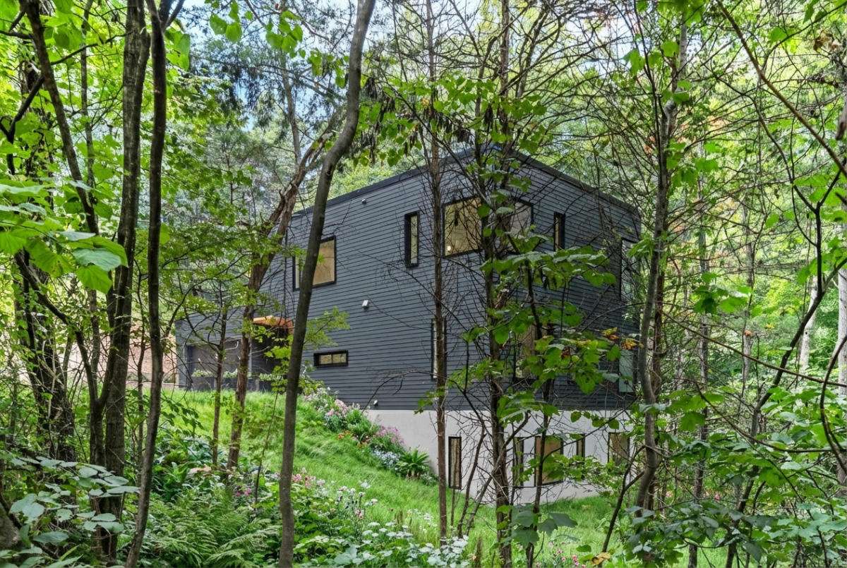 Modern two-story dark gray house surrounded by lush green trees and colorful wildflowers in a forest setting.