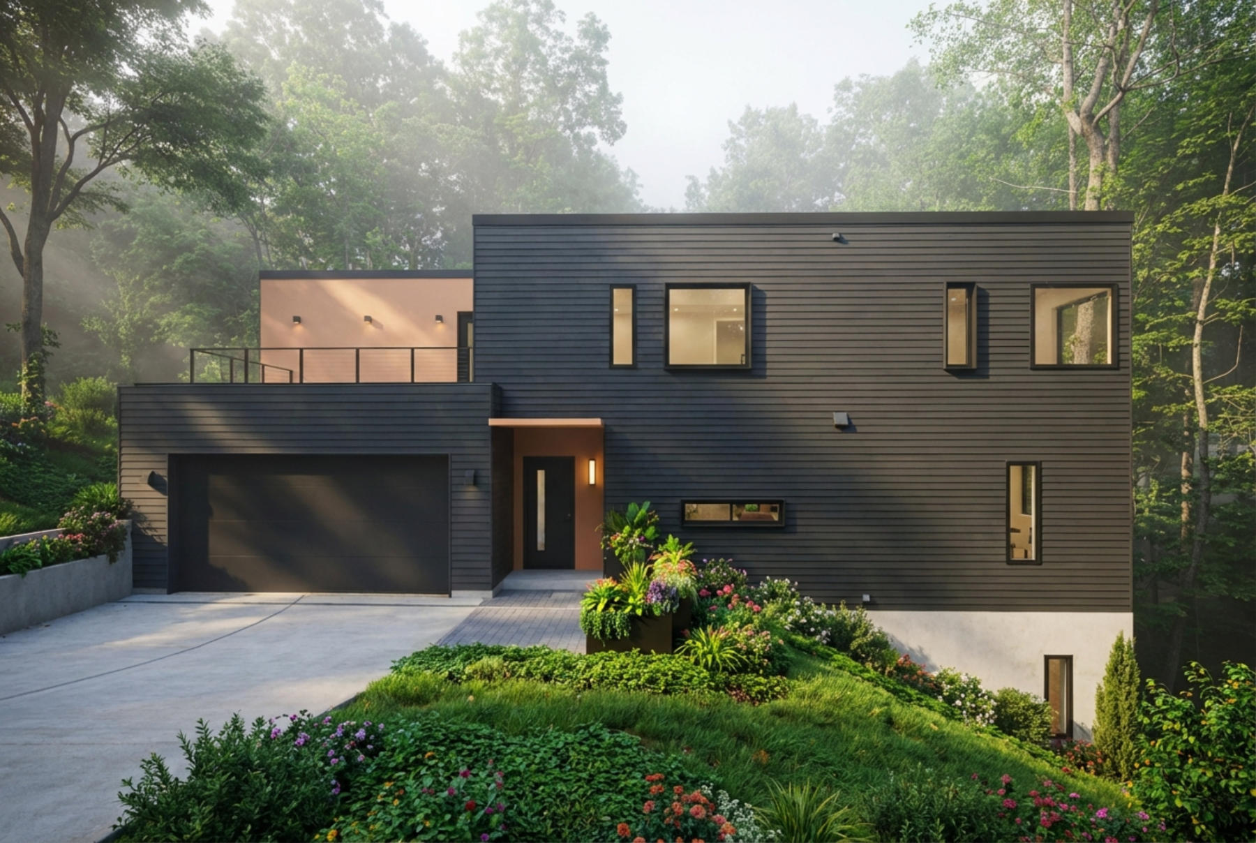 Modern two-story house with dark horizontal siding, large windows, a black garage door, and a beige accent wall surrounded by trees.