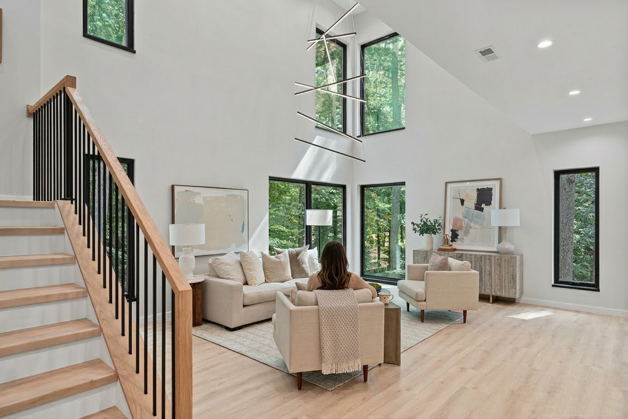 Modern living room with beige sofas, wooden coffee table, tall black-framed windows showing green trees, and a staircase with wooden handrail.