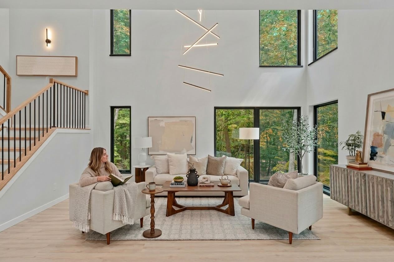 Modern living room with beige sofas, abstract wall art, large windows showing green trees, light wood flooring, and a staircase with wooden handrail and black balusters.