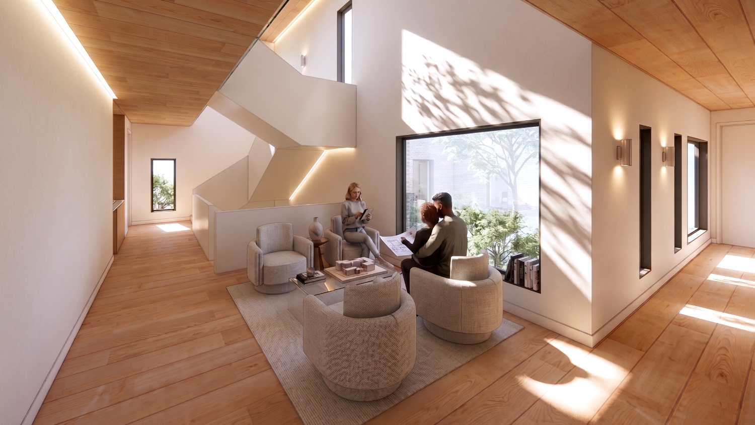 Modern living room with beige sofas, abstract wall art, large windows showing green trees, light wood flooring, and a staircase with wooden handrail and black balusters.