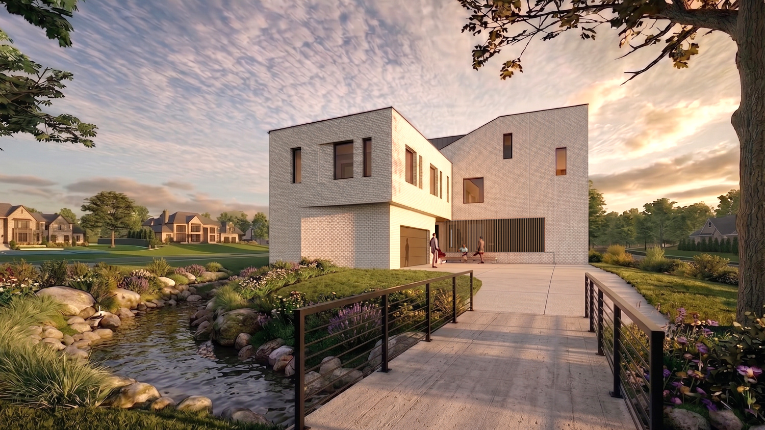 Modern two-story dark gray house surrounded by lush green trees and colorful wildflowers in a forest setting.