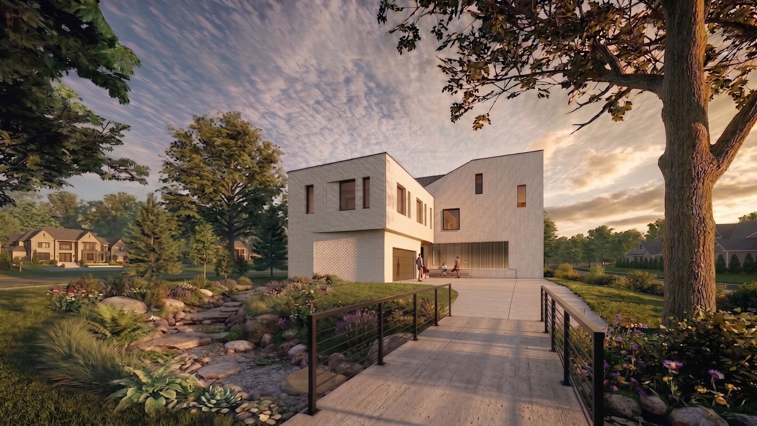 Modern two-story dark gray house surrounded by lush green trees and colorful wildflowers in a forest setting.