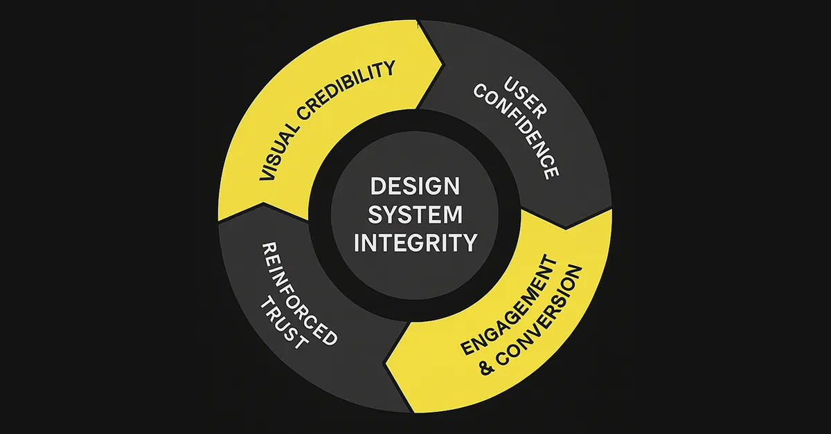 A circular diagram with alternating yellow and gray segments labeled Visual Credibility, User Confidence, Engagement and Conversion, and Reinforced Trust, surrounding a center labeled Design System Integrity, showing how design and trust reinforce each other.
