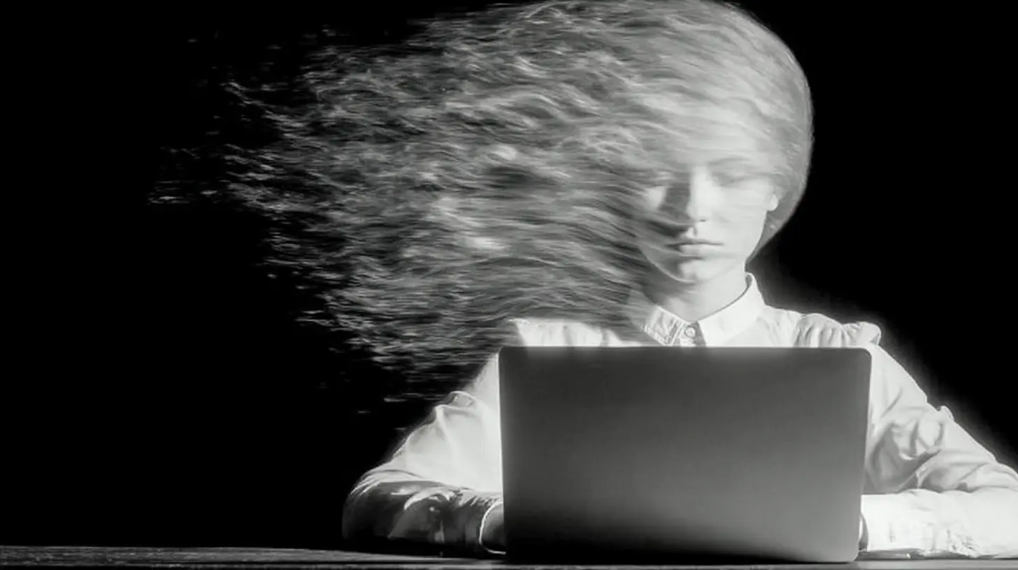 Black and white image of a figure at a laptop with their head dissolving into digital particles, representing the intersection of human guardianship and digital security.