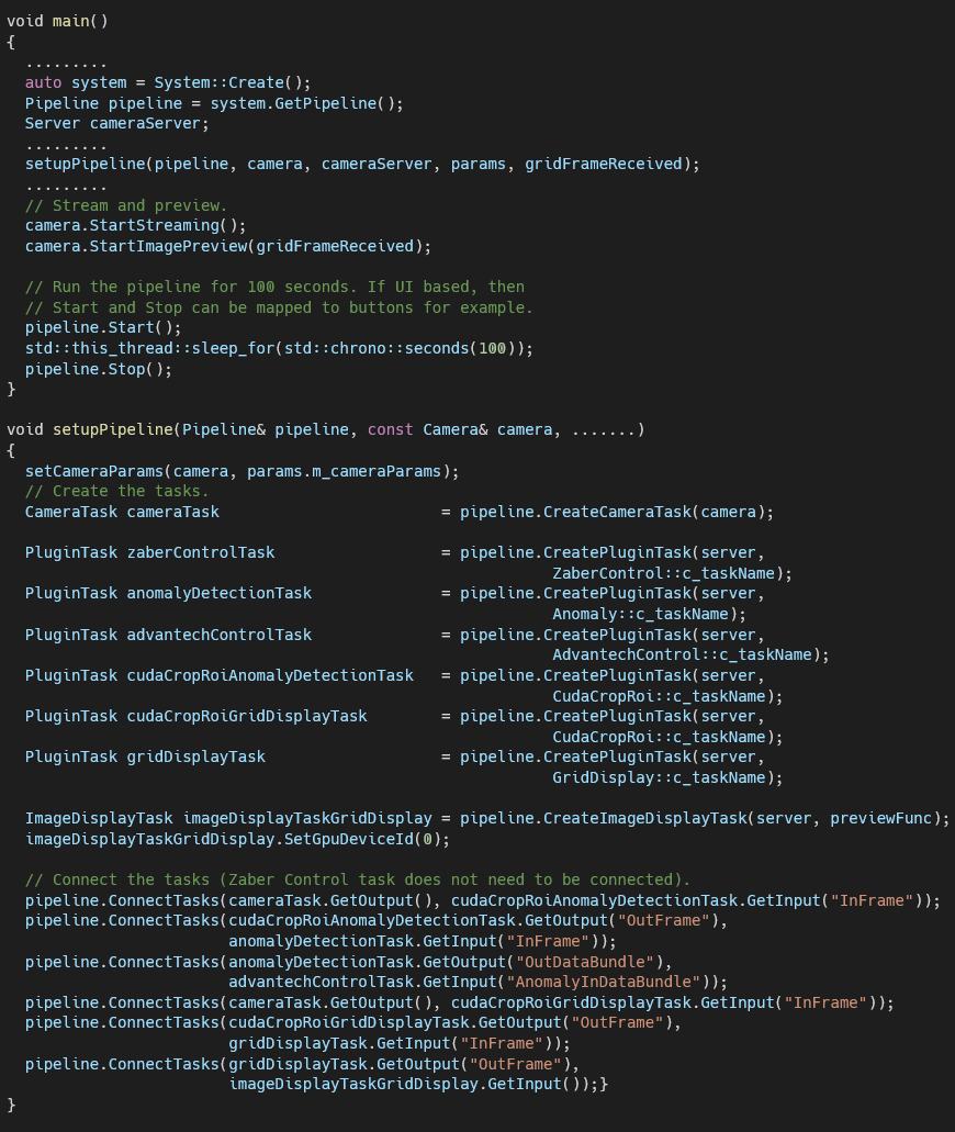 Sample code for the application's pipeline