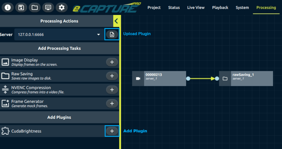 The Upload Plugin button uploads a compiled plugin to the selected server. After upload, the plugin appears under Add Plugins and can be added to a processing pipeline.