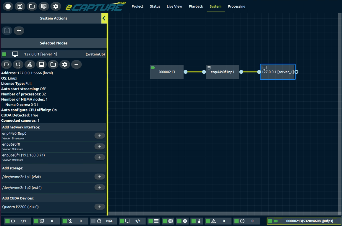 A graph of connected hardware nodes in eCapture Pro's Live View tab with the selected node's parameters in the left panel