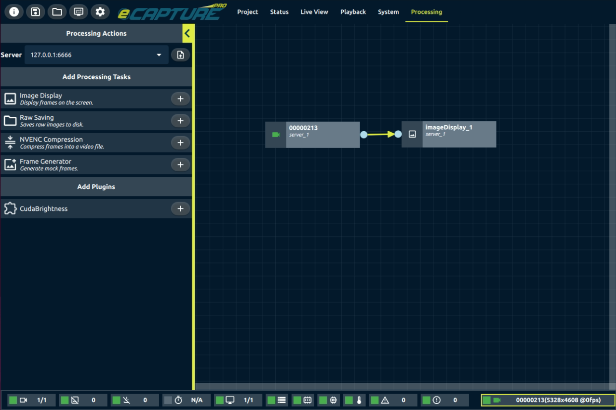A graph of connected pipepline processing nodes on eCapture Pro's Processing tab with available processing tasks and custom plugins in the left panel