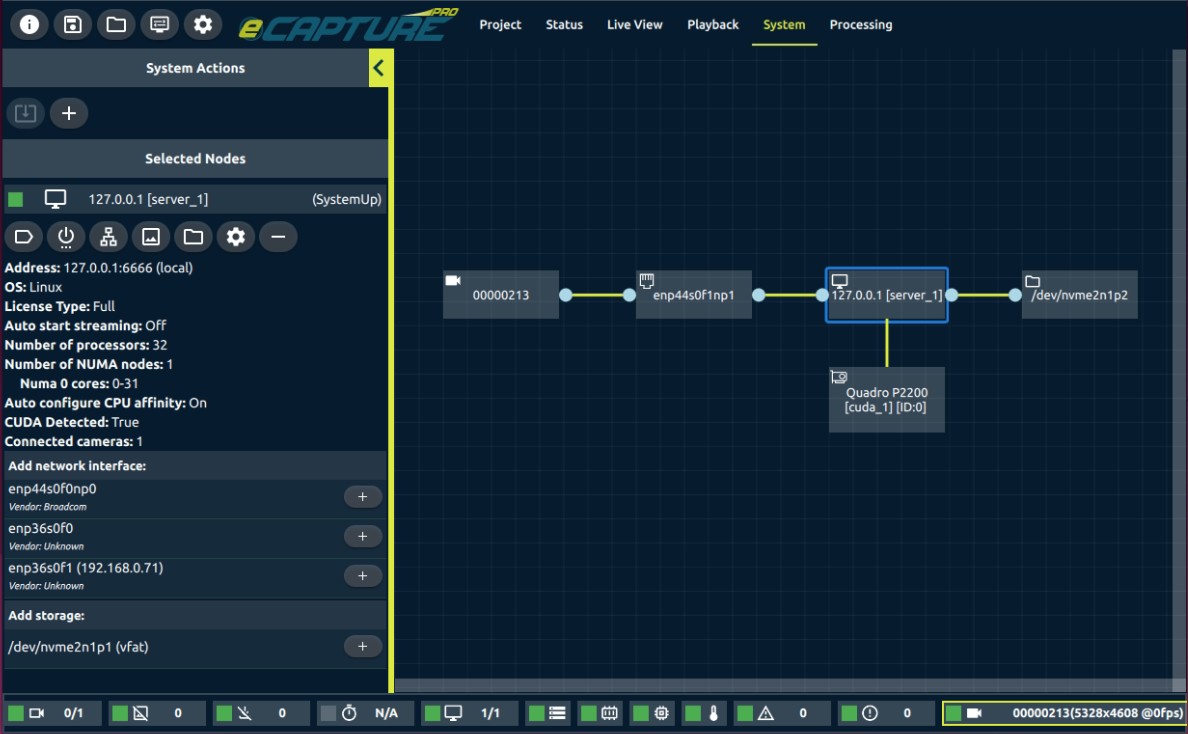 System View with a server node selected and its details shown in the Actions Panel