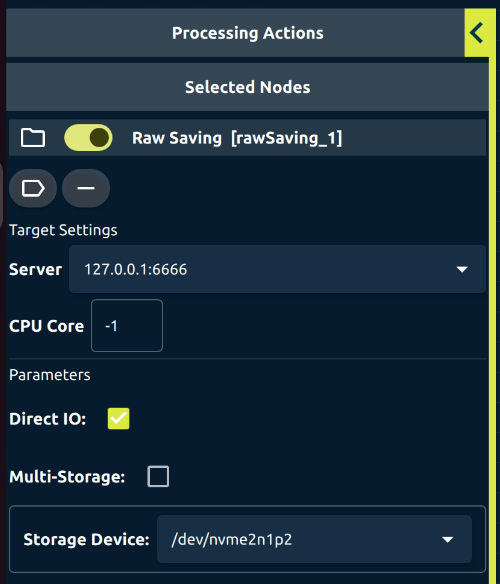 Selected Nodes showing settings for a Raw Saving node in Processing View