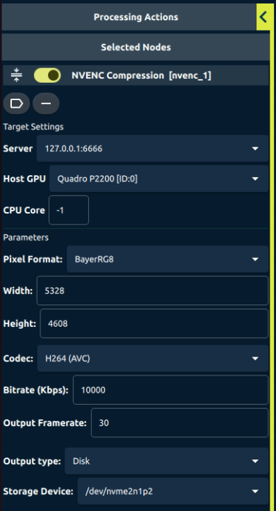 Selected Nodes showing settings for an NVENC Compression node in Processing View