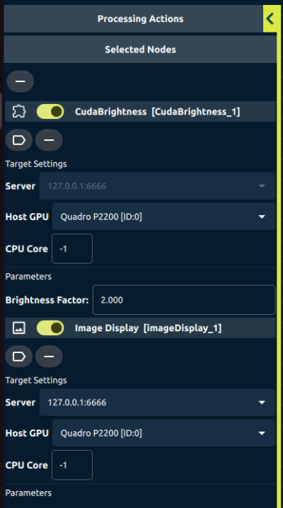 Selected Nodes showing selected Cuda Brightness and Image Display nodes in Processing View