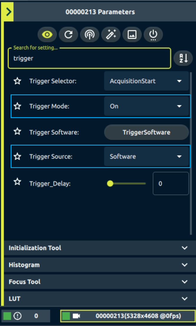 Configured Trigger Mode and Trigger Source settings in the LIve View Parameters panel