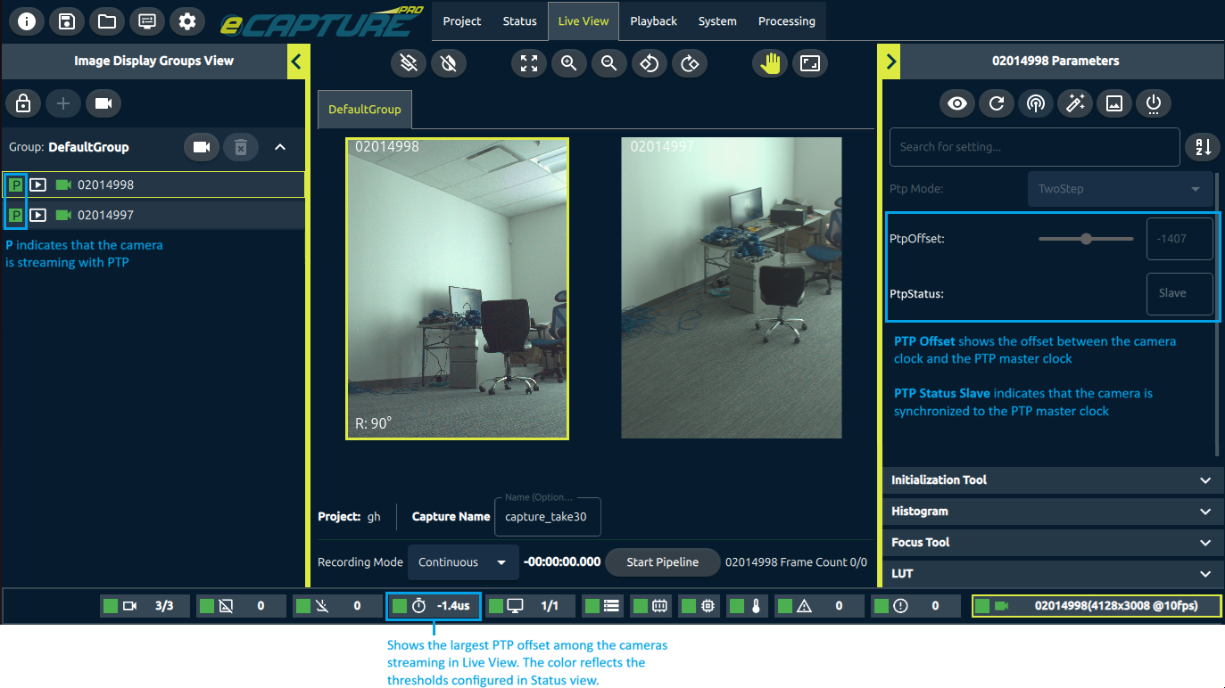 Live View shows the information about PTP synchronization