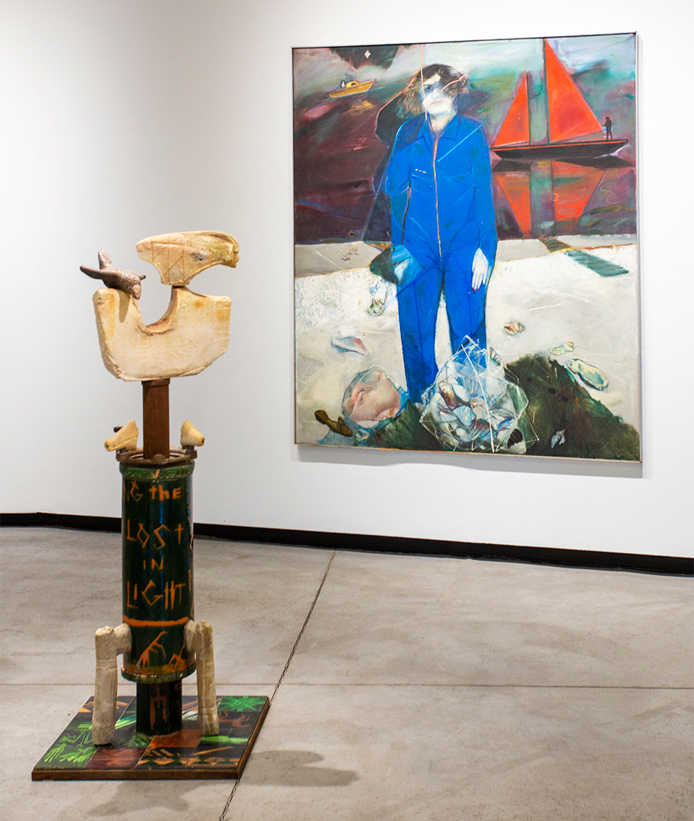 Photograph of the Louis Carlos Bernal Gallery displaying paintings by James G. Davis and sculptures by Joy Fox McGrew.