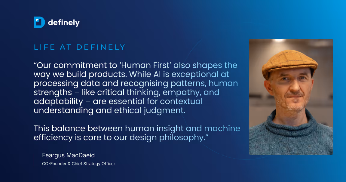 A cover image, with the title 'Why legal AI should augment lawyers, not replace them'. It includes a short quote from the blog, and a picture of Feargus MacDaeid, Co-Founder and Chief Strategy Officer