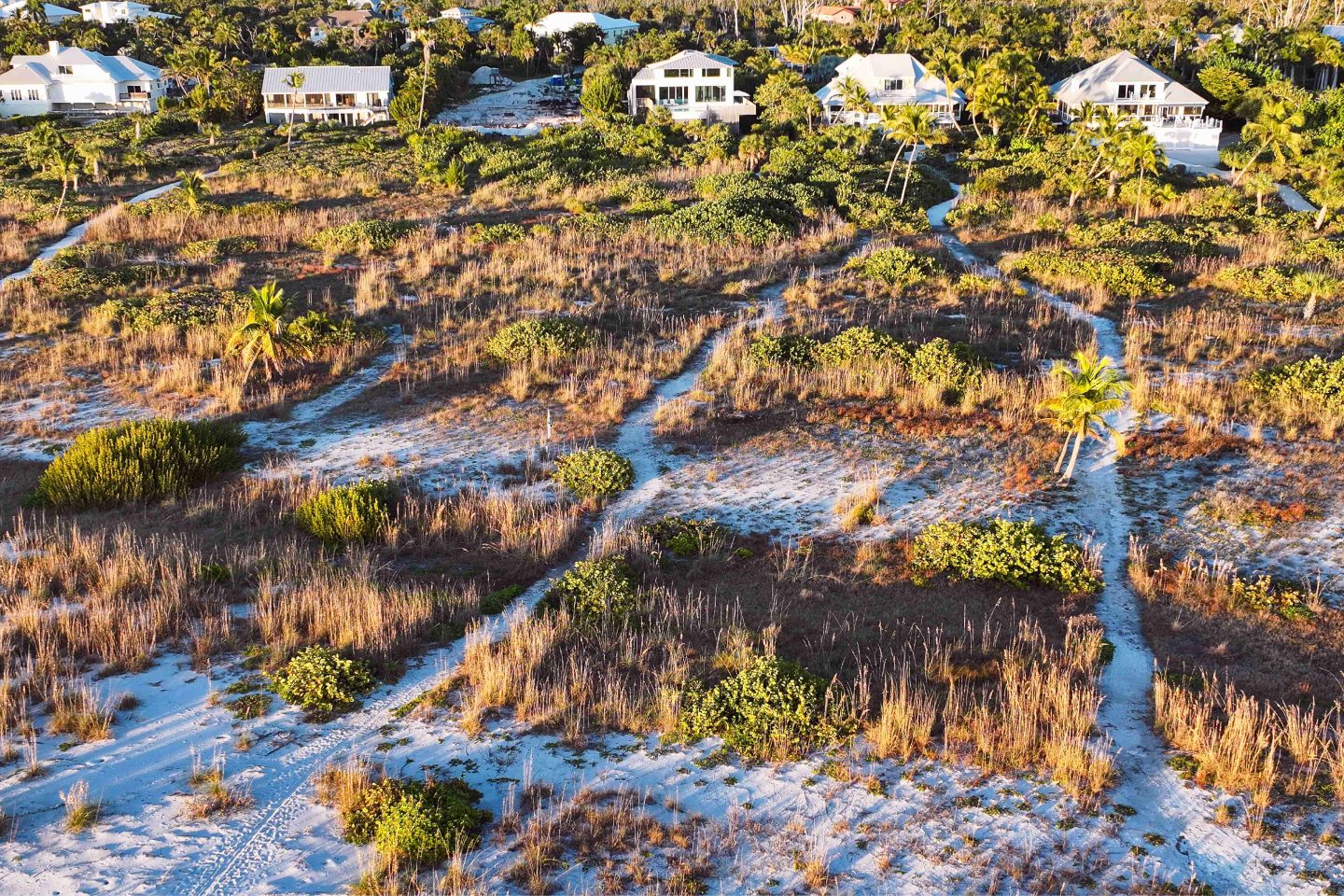 Aerial view of Saltwood Strand coastal dunes and residences