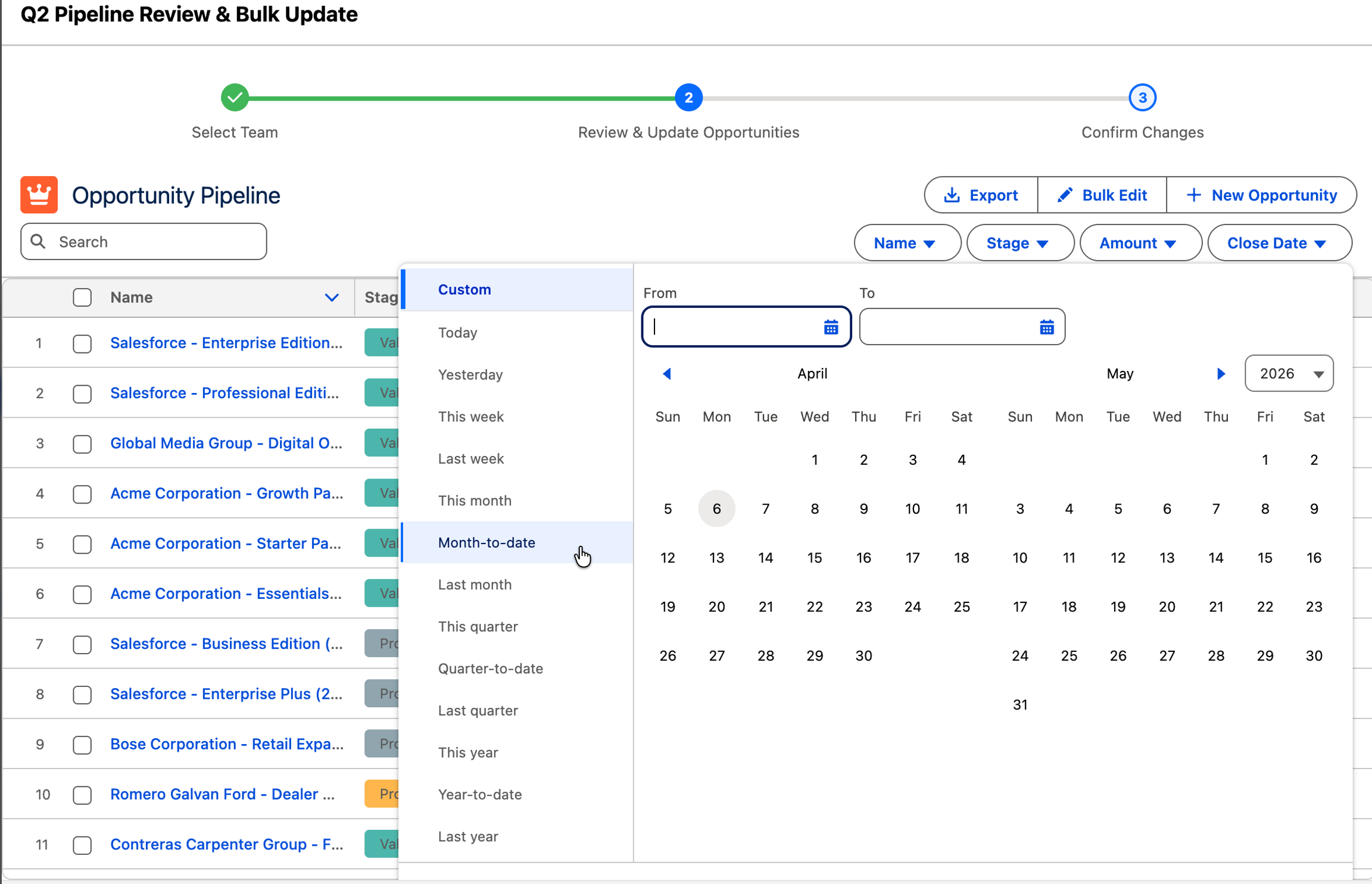 Avonni Data Table date filter presets — Today, This Week, Last Month, This Quarter