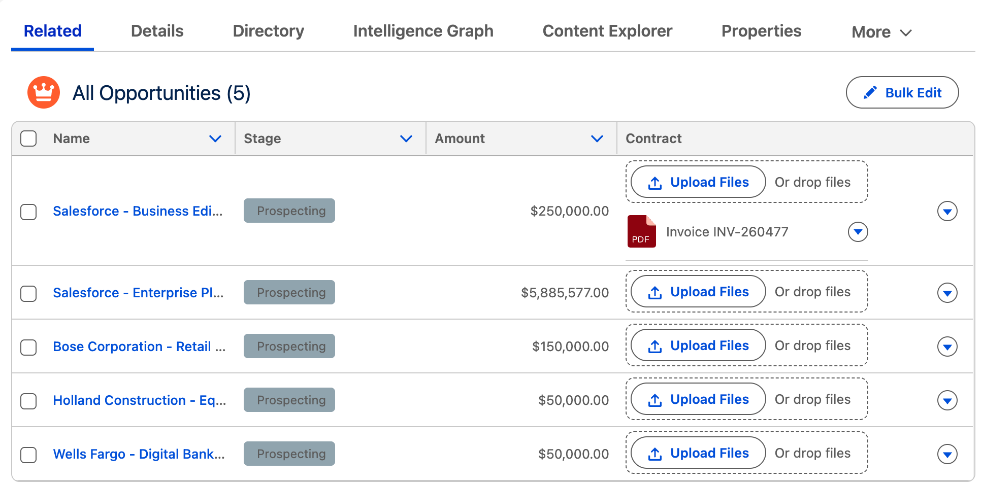 Avonni Data Table File Upload column letting users attach documents directly from a row