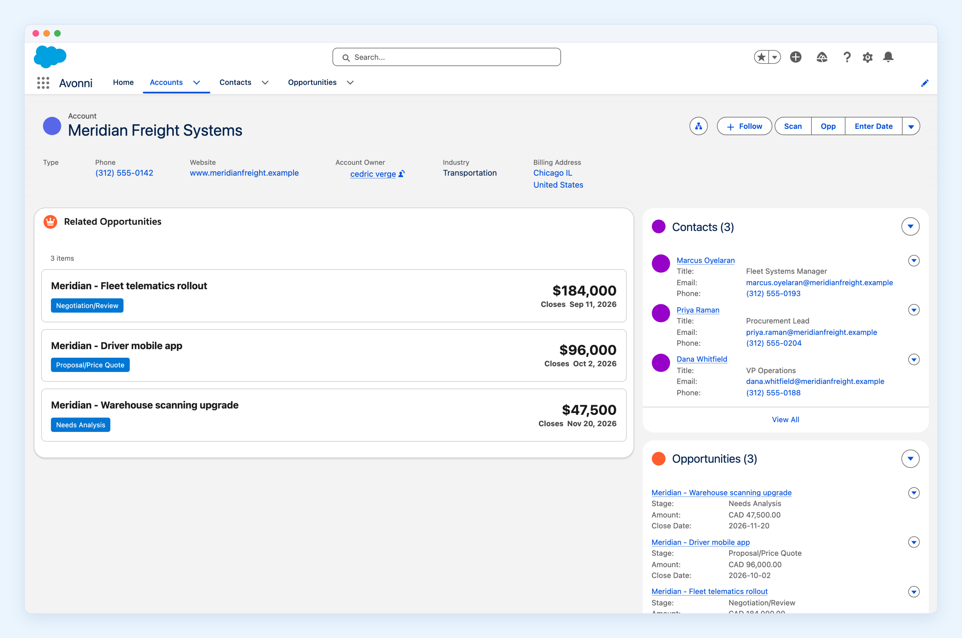 An account record page with a custom Related Opportunities list beside the standard related list