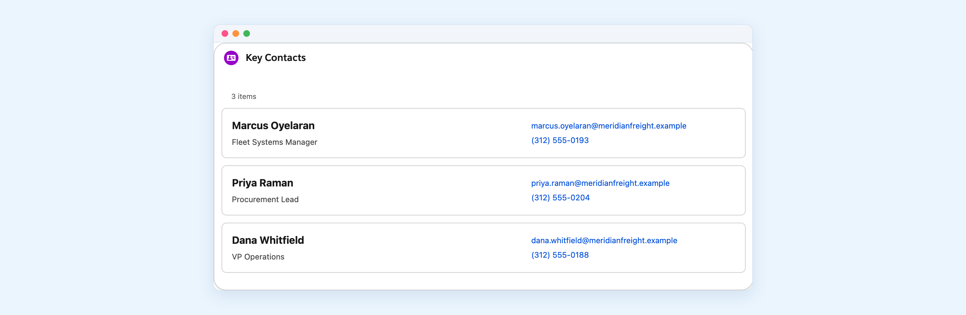 A Key Contacts list. Each contact is a card showing the name in bold with the job title underneath on the left, and the email address and phone number on the right.