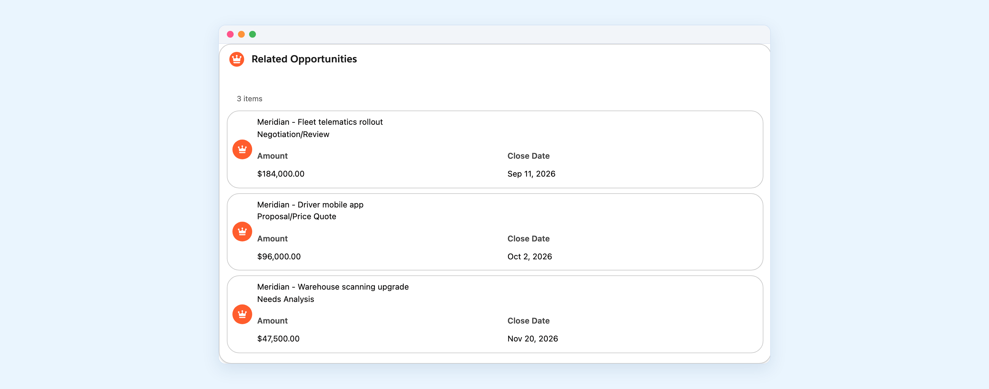 The same three opportunities in a List, each with an avatar, the name as the title, the stage as a subtitle, and Amount and Close Date as labelled fields underneath.