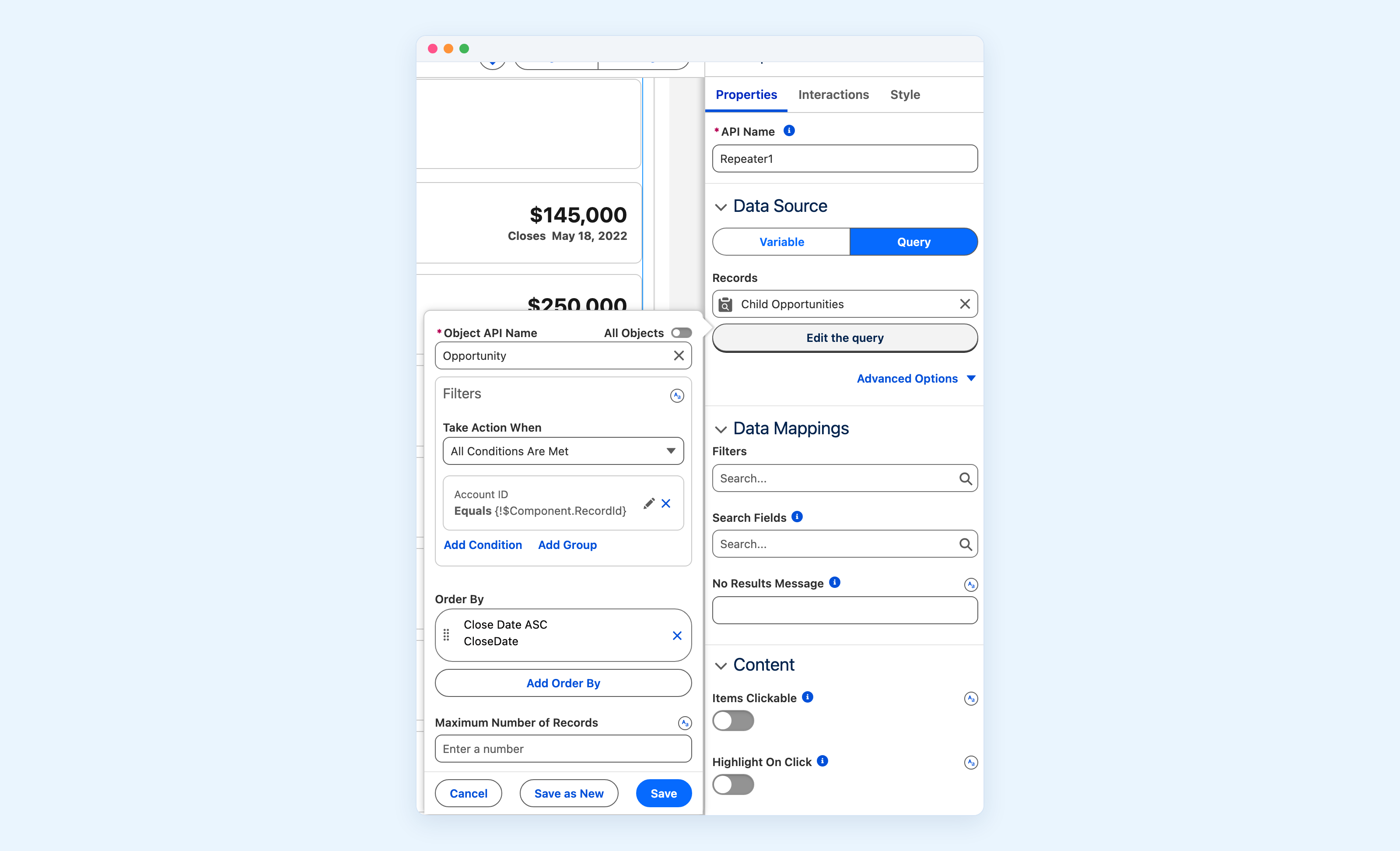 The Repeater properties panel and the query editor side by side