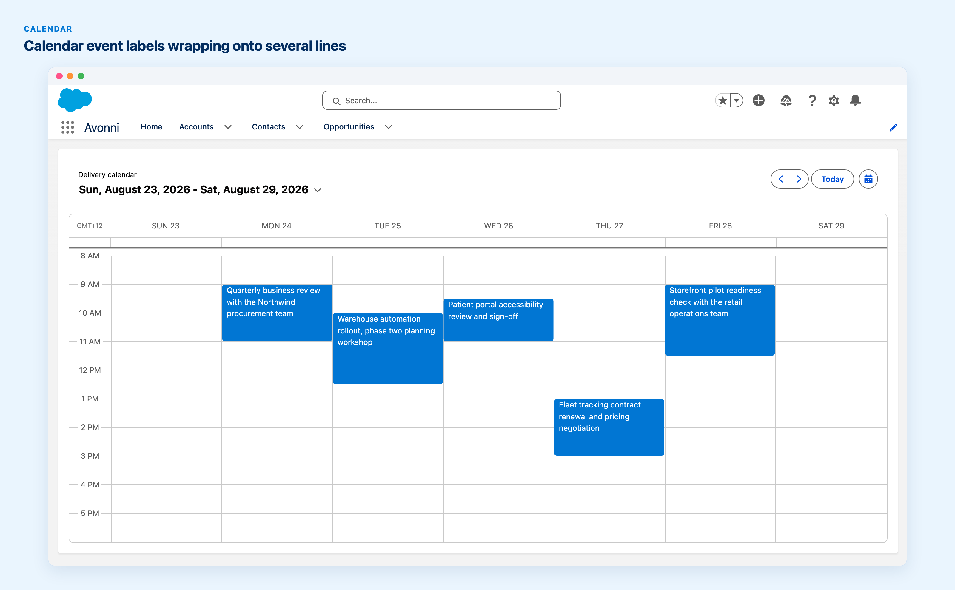 Calendar week view with event titles wrapping onto two and three lines inside their tiles