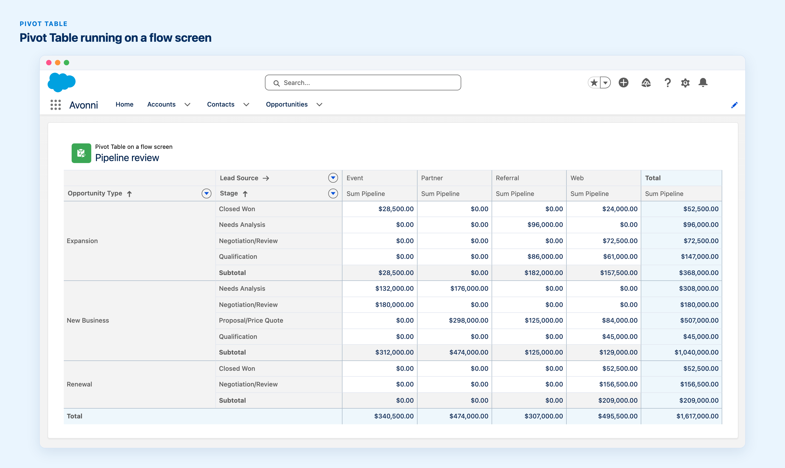 Pivot Table on a flow screen, pipeline by opportunity type and stage across lead sources, with subtotals and a grand total