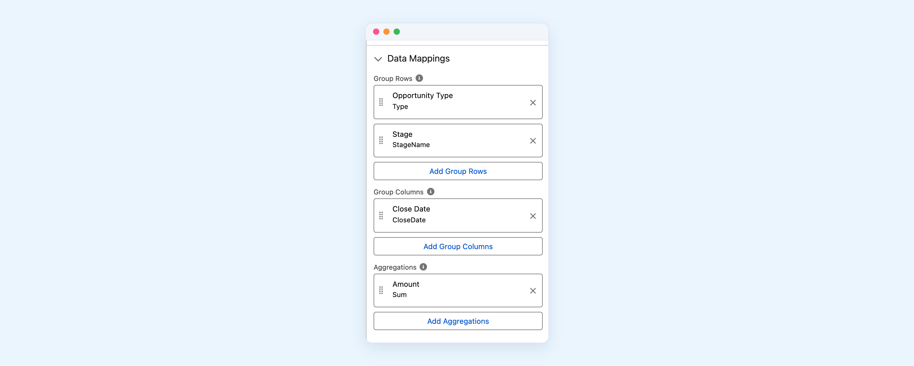 The Data Mappings section of the property editor. Group Rows holds two entries, Opportunity Type mapped to Type and Stage mapped to StageName, with an Add Group Rows button beneath. Group Columns holds one entry, Close Date mapped to CloseDate. Aggregations holds one entry, Amount with Sum.